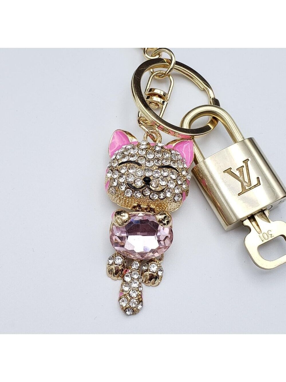 Authentic LV Gold Padlock & Key 🔑 Designer Bag Charm w/ Unbranded Cat Keychain - Picture 7 of 12